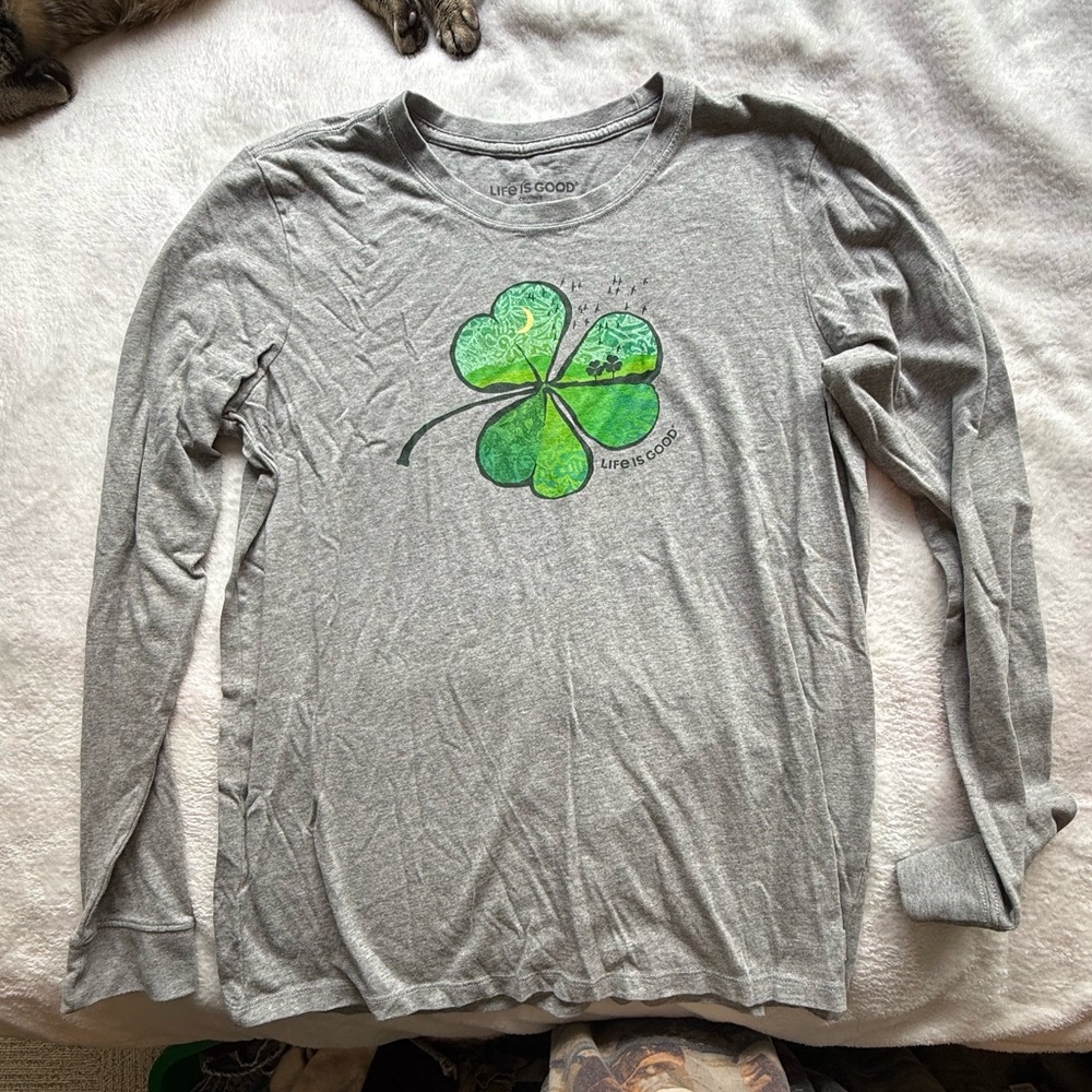 Life Is Good Heather Gray Tee with Green Clover